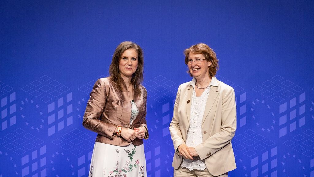 Hungarian environment minister Anikó Raisz (l) welcomes to Budapest German state secretary Christiane Rohleder to an informal EU Council summit on 11 July 2024