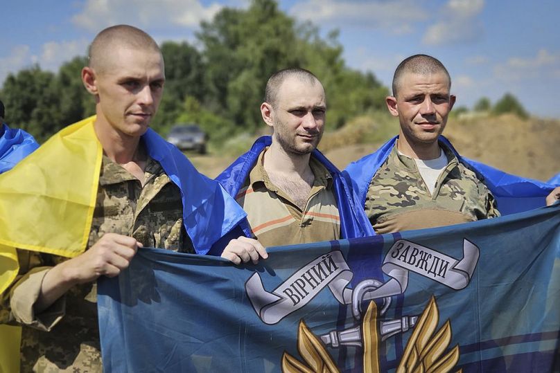 Des prisonniers de guerre ukrainiens tiennent le drapeau de la marine alors qu'ils posent pour une photo après un échange de prisonniers dans un lieu tenu secret en Ukraine