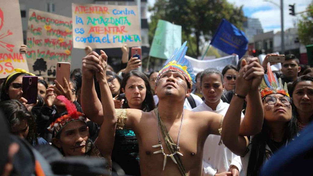 Indigenous demonstrators join a protest outside the Brazilian embassy to call on Brazil