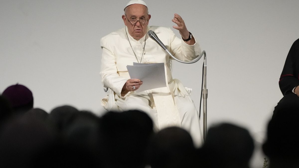 Pope Francis attends a meeting with the participants of the 50th Social Week of Catholics in Italy at the Generali Convention Center in Trieste, northern Italy, Sunday, July 7