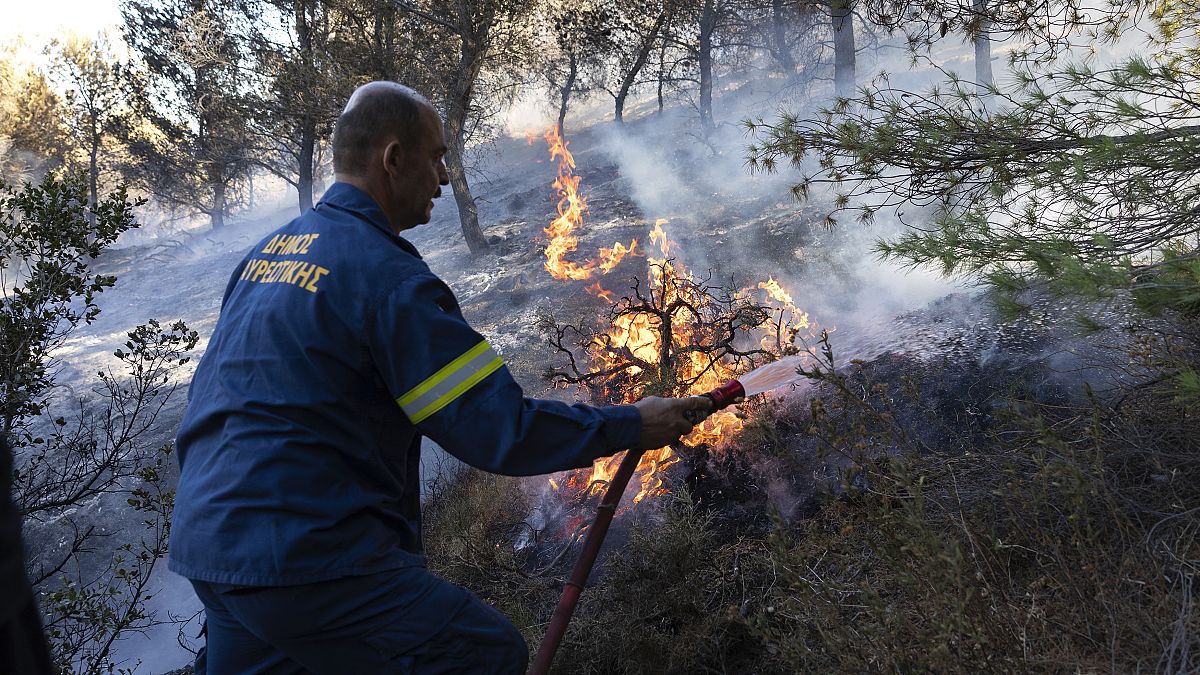 FILE - A firefighter tries to extinguish a forest fire at Keratea area, southeast of Athens, Greece.