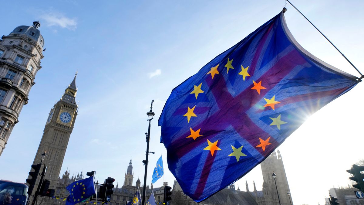 EU and UK flags are flown together at a protest in London