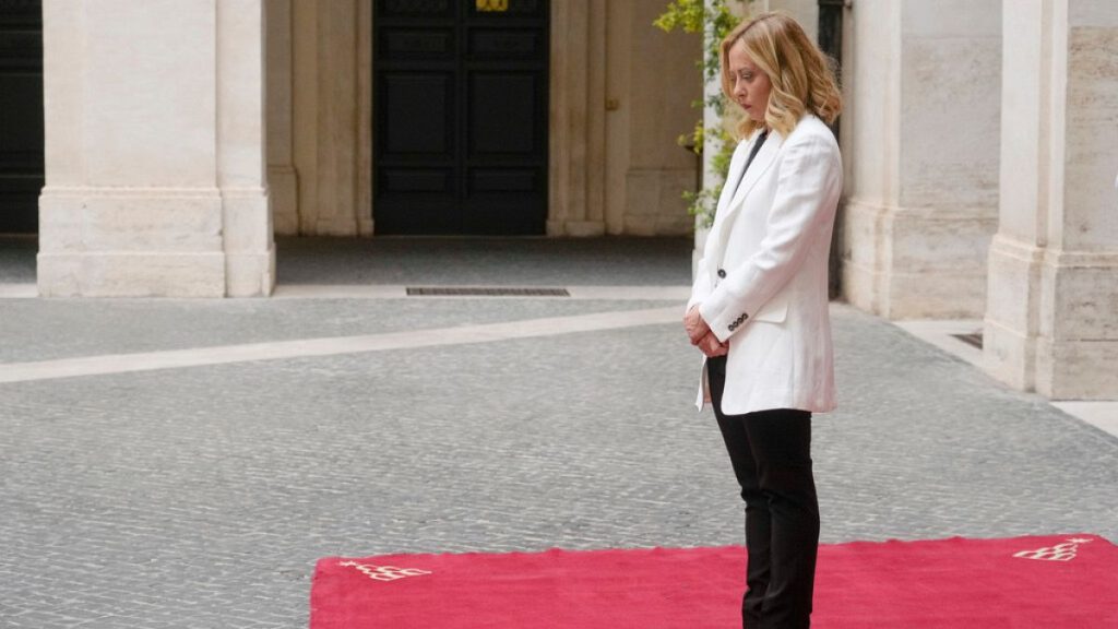 Italian Premier Giorgia Meloni waits for the arrival of the new president of EU Council Antonio Luis Santos da Costa at Chigi Palace, Premier