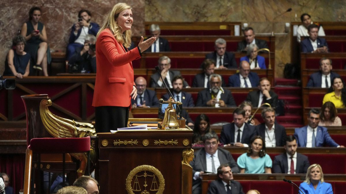 Yael Braun-Pivet delivers after she has been reelected as speaker of the National Assembly after three rounds of votes in the lower house of parliament Thursday July 18