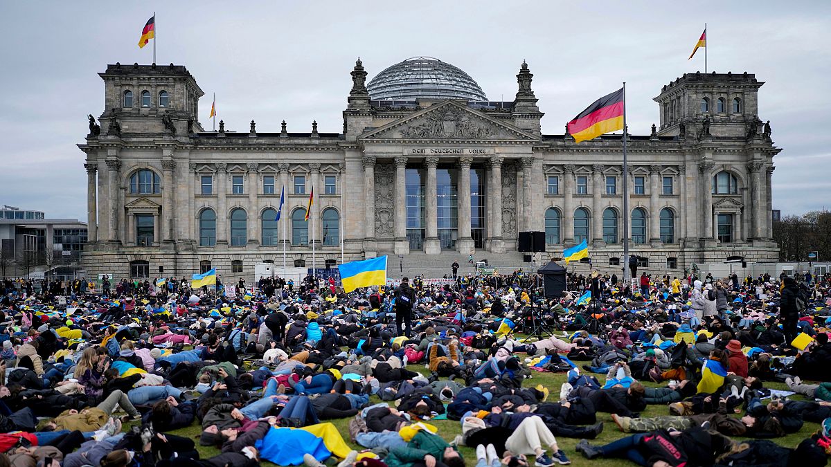 FILE PHOTO - Demonstration against Russian invasion on Ukraine, in front of the Reichstag building in Berlin, Germany, Wednesday, April 6, 2022.