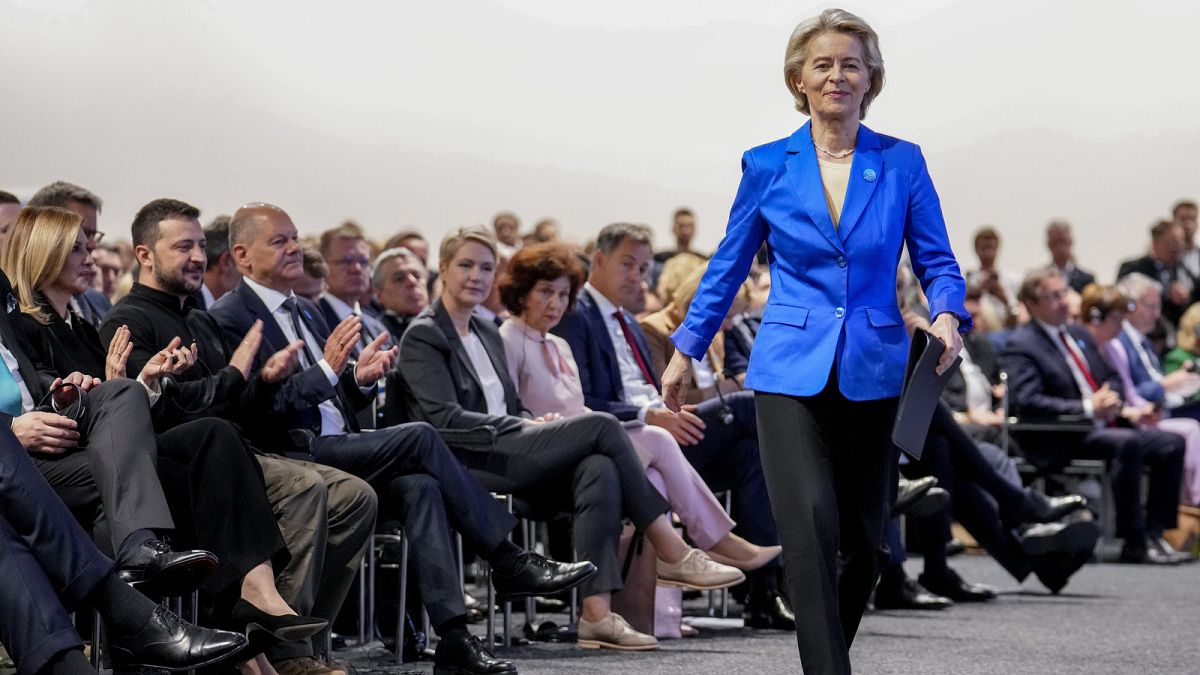 European Commission President Ursula von der Leyen walks on to the stage during the opening ceremony of the recovery conference in Berlin, Germany, June 11, 2024.