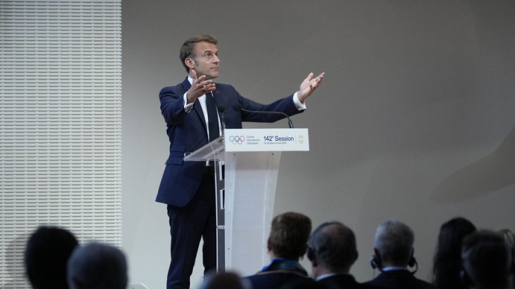 French President Emmanuel Macron speaks, during the IOC Session Opening Ceremony at the Louis Vuitton Foundation ahead of the 2024 Summer Olympics, Monday, July 22, 2024