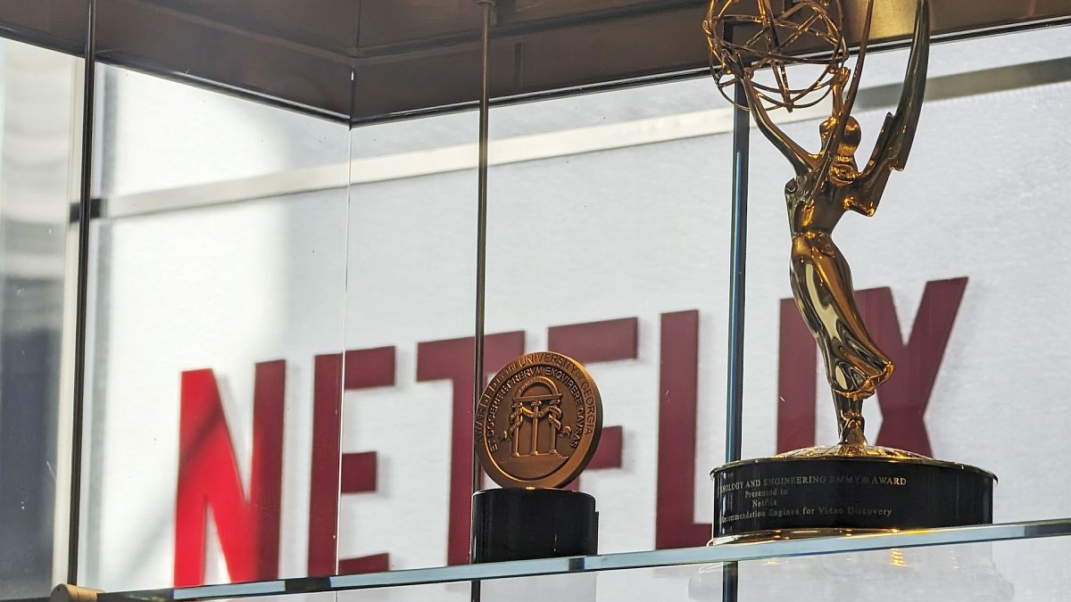 Awards, including an Emmy, are displayed at Netflix headquarters Los Gatos, California