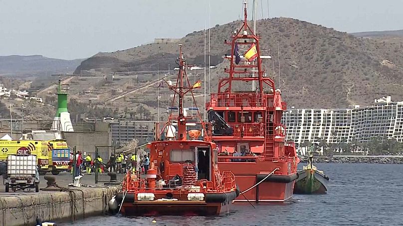 Des navires de sauvetage amarrés au port d'Arguineguín à Gran Canaria, le 19 juillet 2024