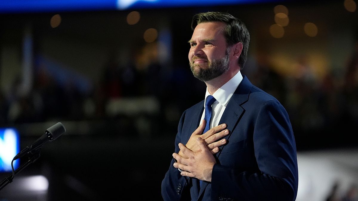 Vice presidential candidate JD Vance addresses the Republican National Convention in Milwaukee, Wisconsin.