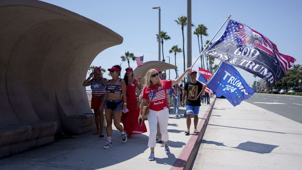 People rally in support of Republican presidential candidate former President Donald Trump in Huntington Beach,California on 15 July