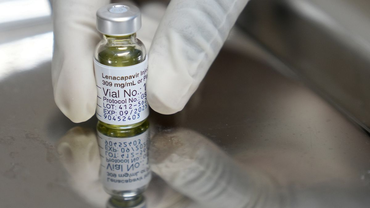 A pharmacist holds a vial of lenacapavir, the new HIV prevention injectable drug, at the Desmond Tutu Health Foundation, in Cape Town, South Africa.