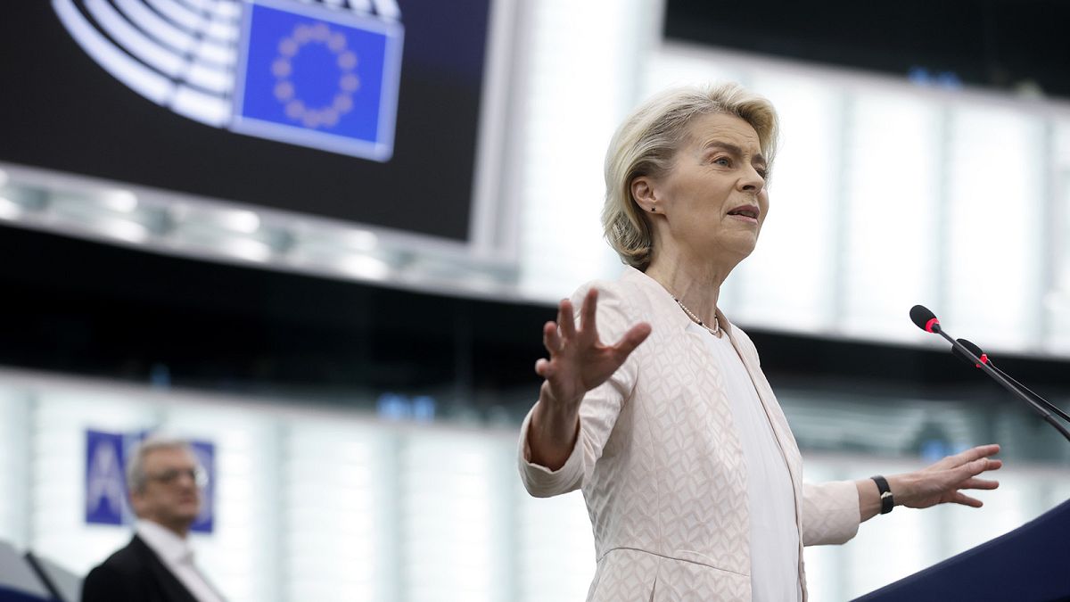 European Commission President Ursula von der Leyen addresses the plenary at the European Parliament in Strasbourg, 18 July 2024