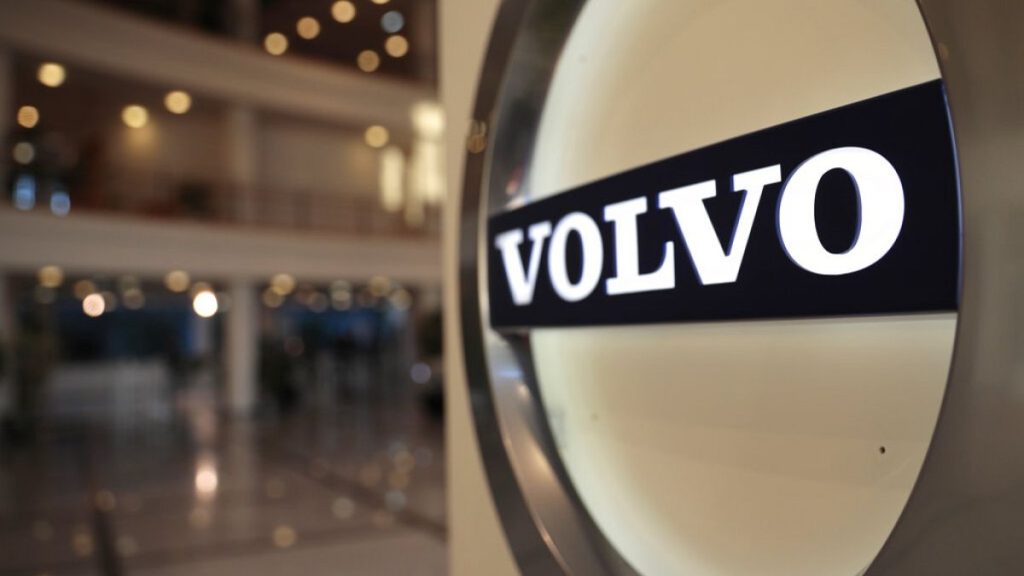 This Feb. 6, 2020, file photo shows the Volvo logo in the lobby of the Volvo corporate headquarters in Brussels.