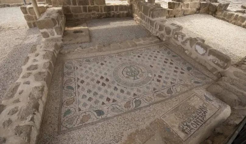 A large mosaic is pictured at the archaeological site of the St. Hilarion Monastery