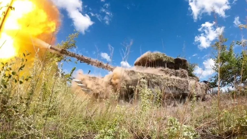 In this photo taken from video released by the Russian Defense Ministry on July 10, 2024, Russian tank T-80 of the grouping of troops