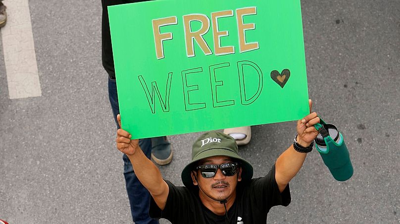 Un manifestant tient une affiche pour s'opposer au projet du gouvernement de réinscrire le cannabis sur la liste des stupéfiants, à Bangkok, en Thaïlande, le 8 juin 2024.