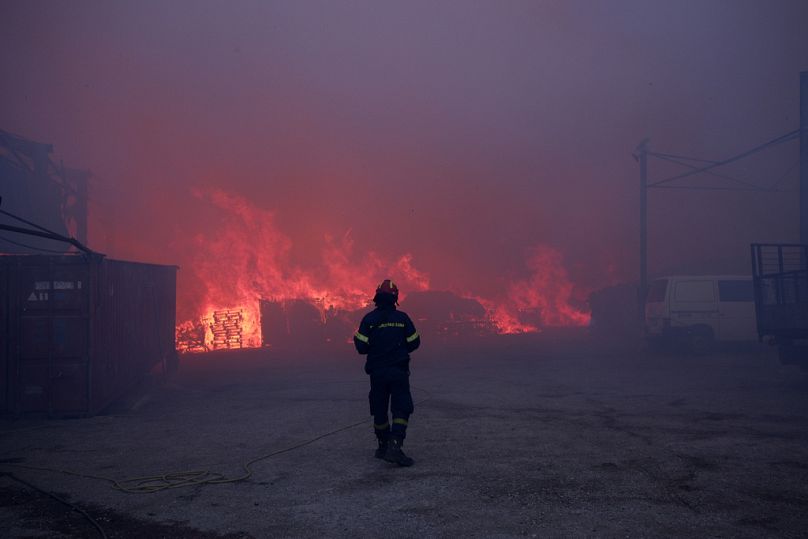 Un pompier se tient devant une entreprise en feu lors d'un incendie dans le nord d'Athènes, le lundi 12 août 2024, alors que des centaines de pompiers s'attaquent à un incendie de forêt majeur.