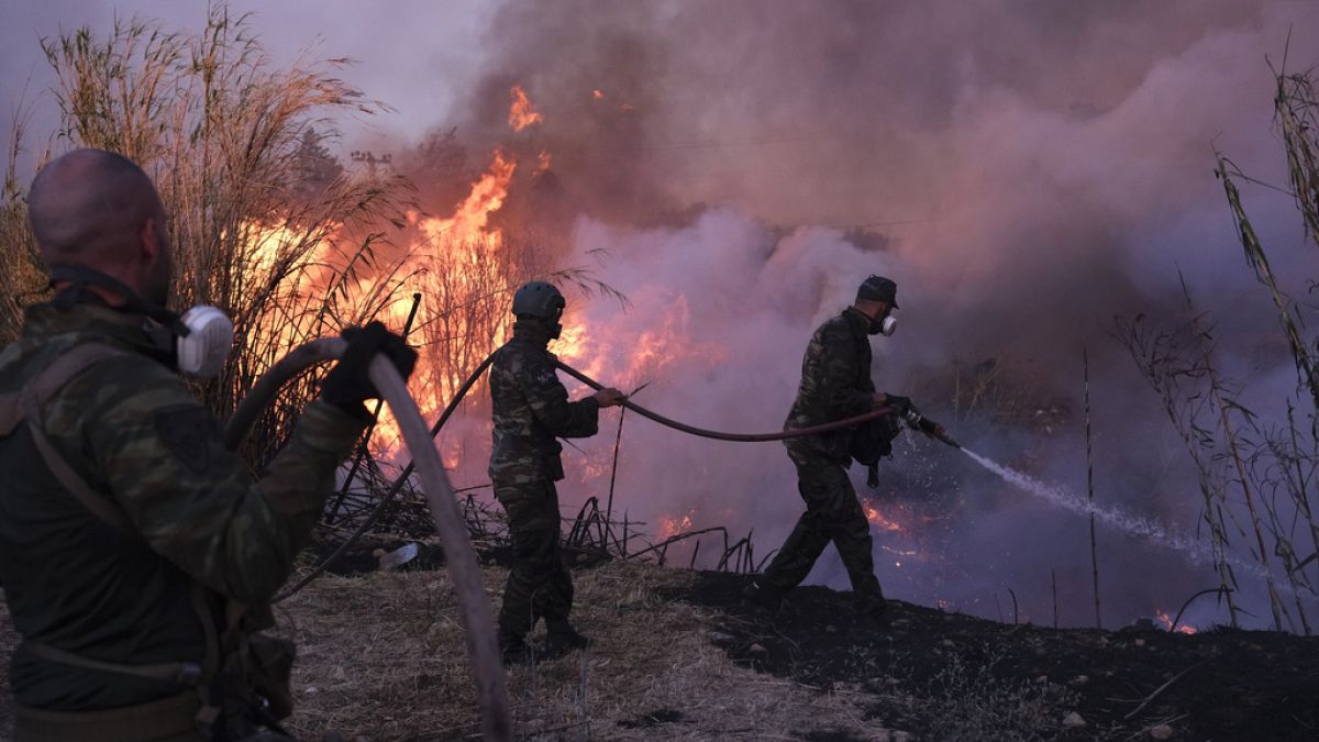 Volunteers try to extinguish the fire in northern Athens, Monday, Aug. 12, 2024.