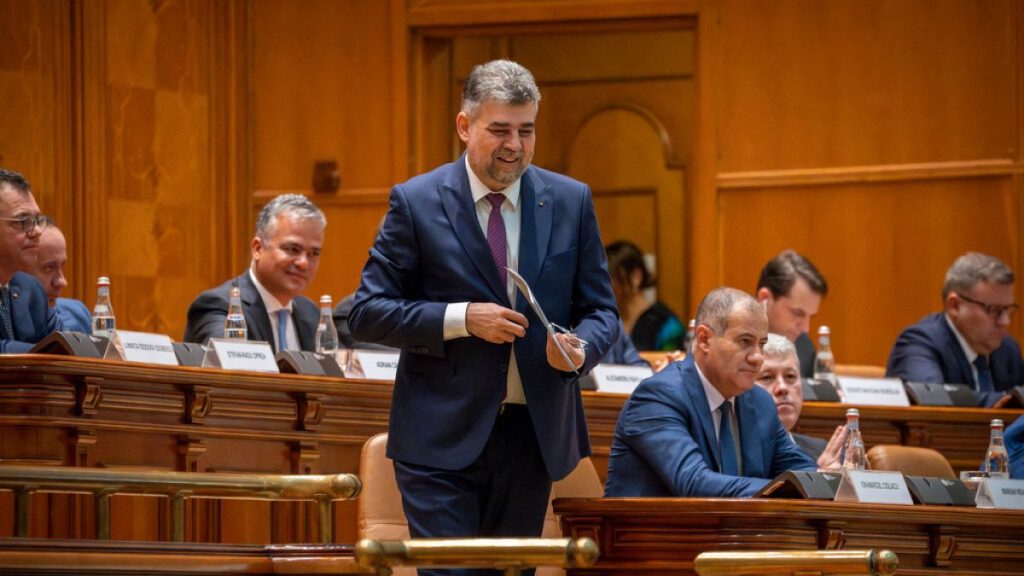 Marcel Ciolacu, the leader of the Social Democratic party, prepares to deliver a speech before a confidence vote for him and his team at the parliament in Bucharest, Romania,