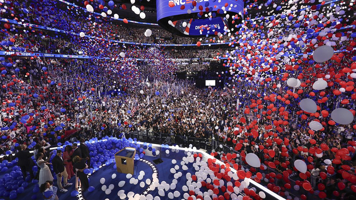 Balloons are released after Democratic presidential nominee Kamala Harris spoke on the final day of the DNC, August 22, 2024