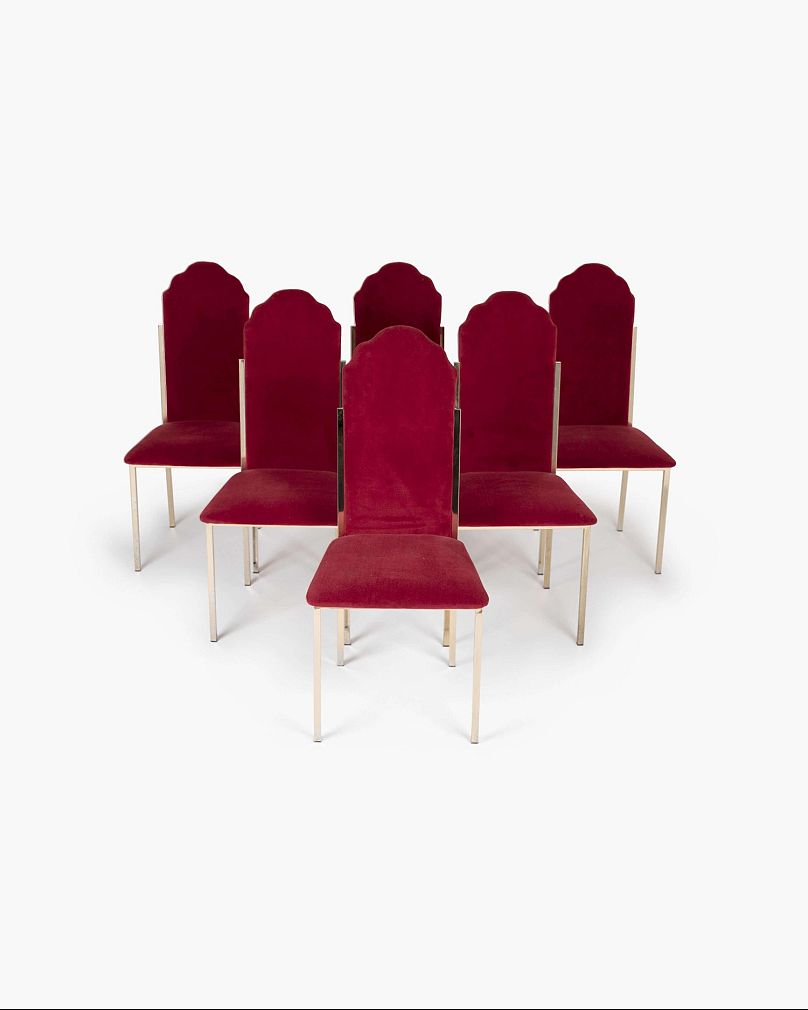 Ensemble de six chaises de salle à manger pour Maison Jansen avec revêtement en velours rouge