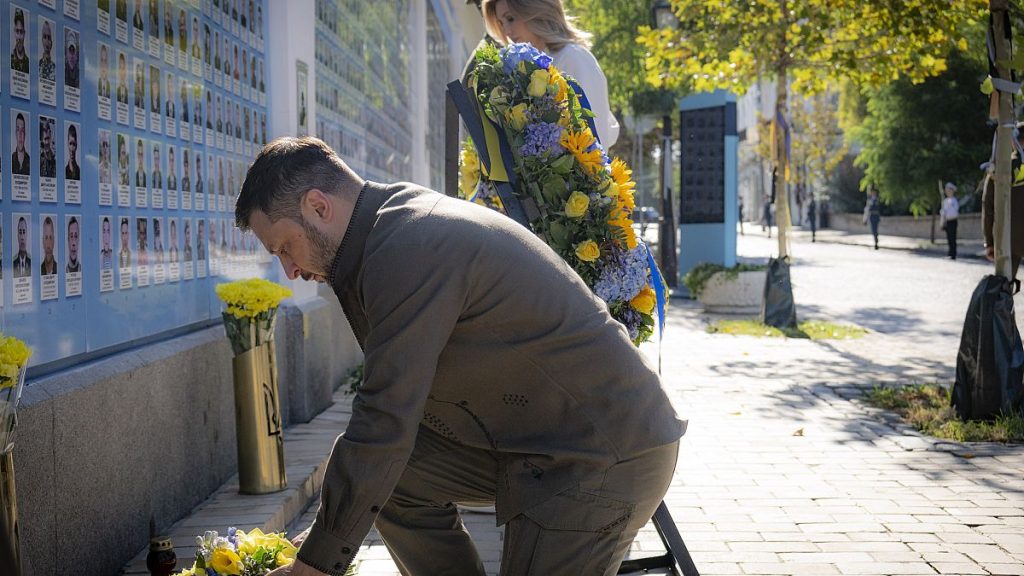 President Volodymyr Zelenskyy lays flowers at the Memorial Wall of Fallen Defenders of Ukraine in Russian-Ukrainian War.