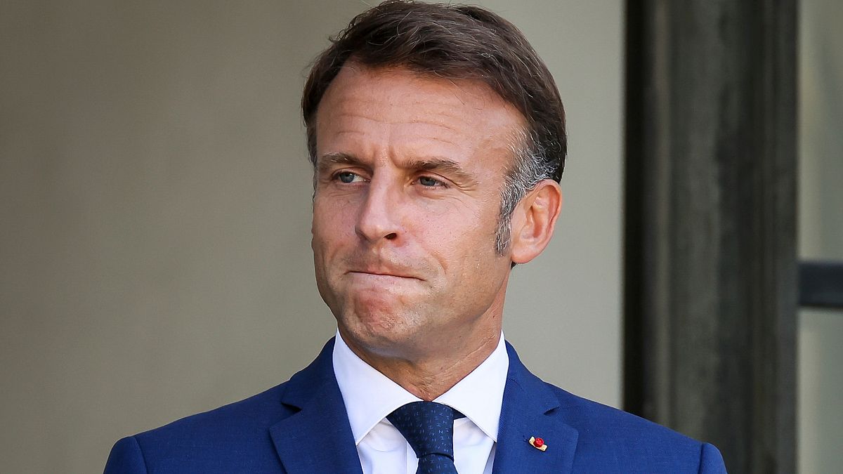 French President Emmanuel Macron gestures at the Elysee Palace