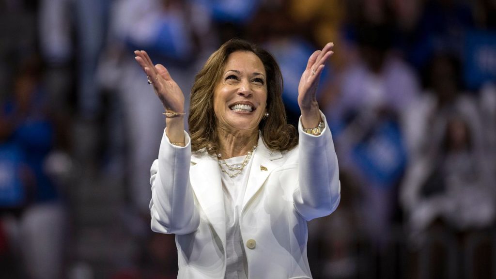 Democratic presidential nominee Vice President Kamala Harris speaks at a campaign rally in Savannah, Georgia.