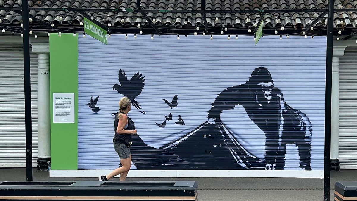 A runner passes a reproduction of a Banksy mural outside the London Zoo, Sunday, 18 August 2024.