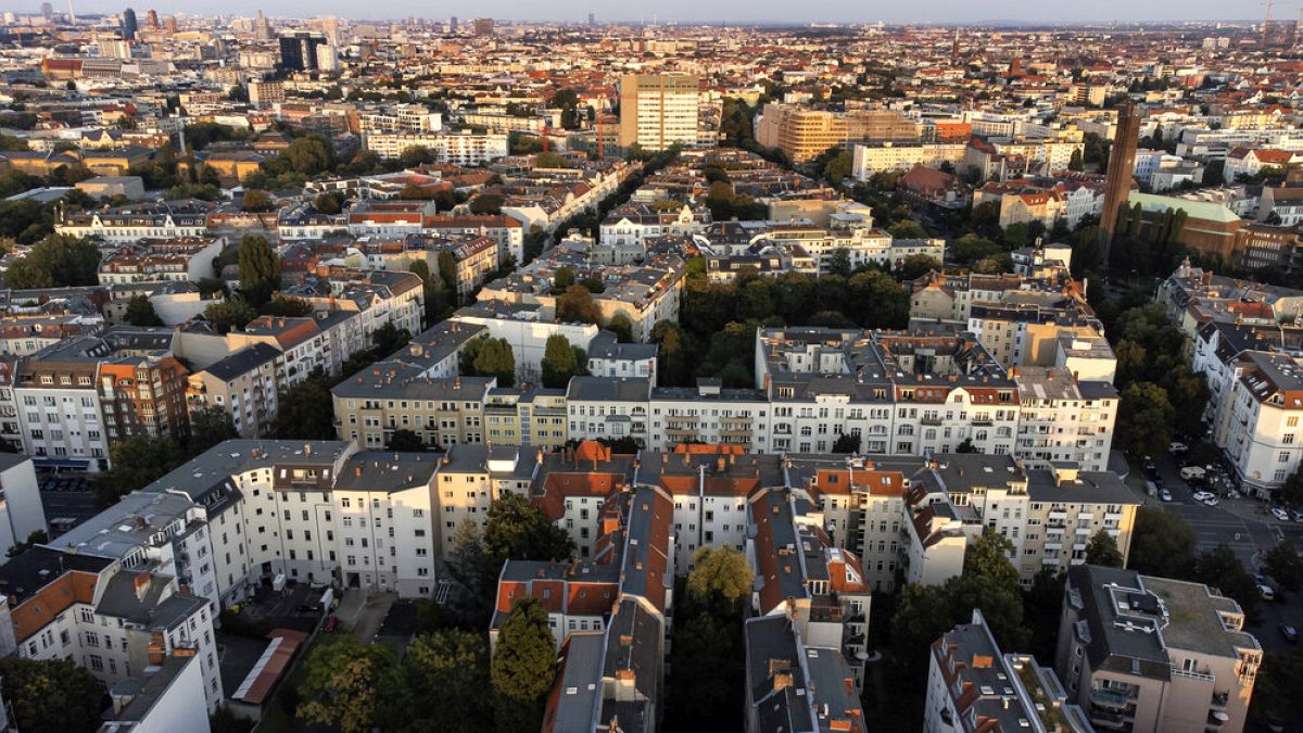 This Tuesday, Sept. 7, 2021 file photo, shows the Wilmersdorf district with office buildings and apartment houses in Berlin, Germany.