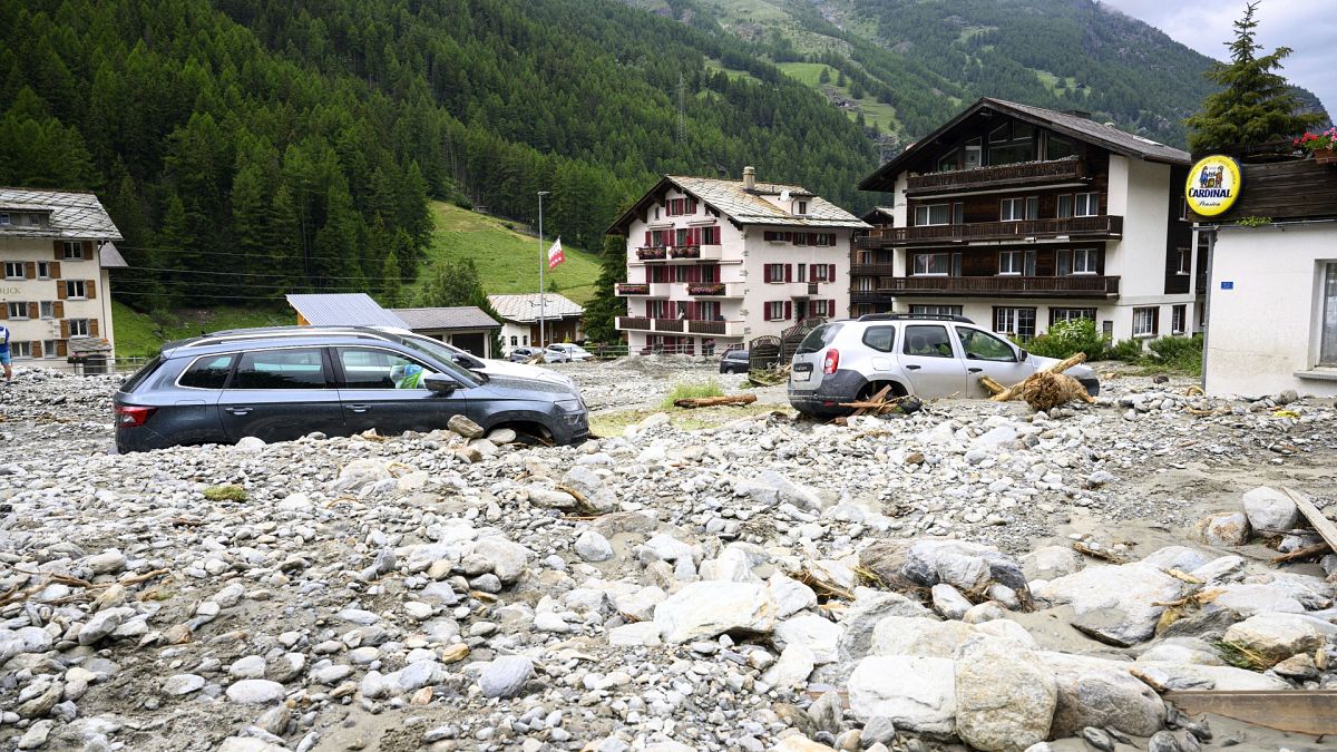 Rubble from a landslide caused by severe weather following storms that caused major flooding and landslide are pictured in Saas-Grund, Switzerland, Sunday, June 30, 2024.