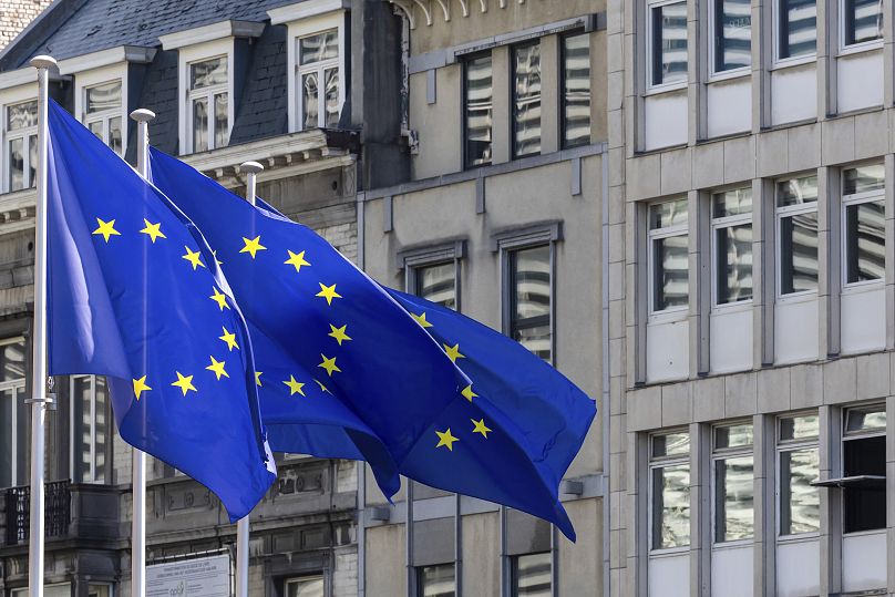 Les drapeaux de l'Union européenne flottent au vent avant un sommet européen à Bruxelles, en juin 2024