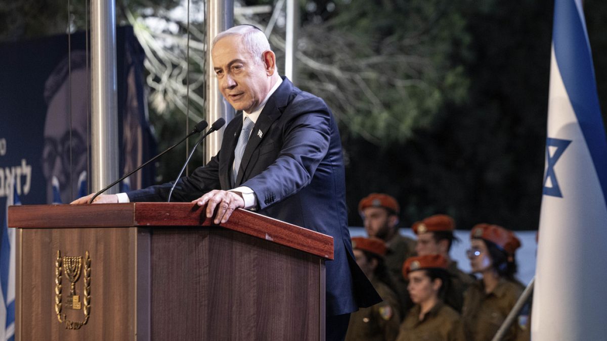 Israeli Prime Minister Benjamin Netanyahu speaks at the state memorial for Ze