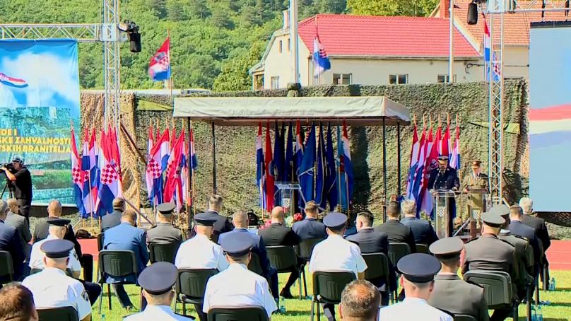 Le président croate, Zoran Milanović, s'exprime lors d'un événement anniversaire à Knin, en Croatie.