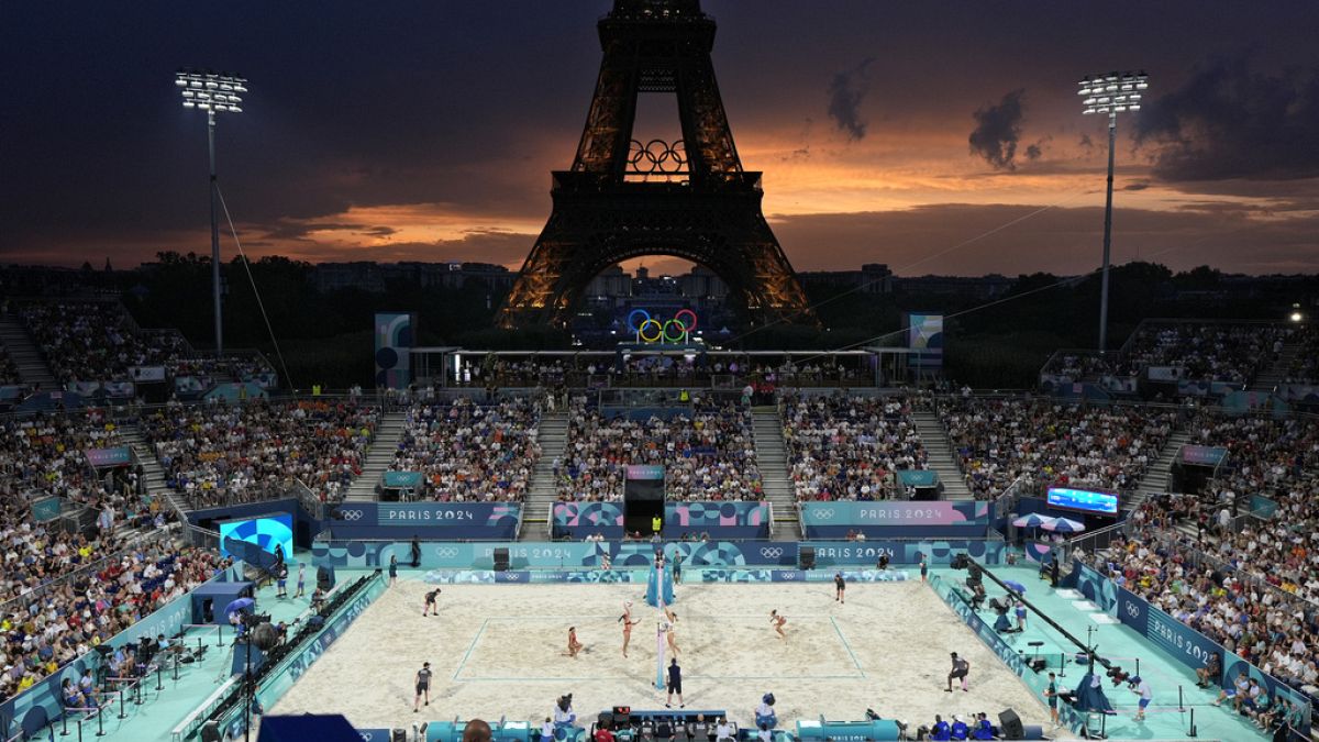 A beach volleyball match at Eiffel Tower Stadium at the 2024 Summer Olympics, Wednesday, July 31, 2024, in Paris, France.