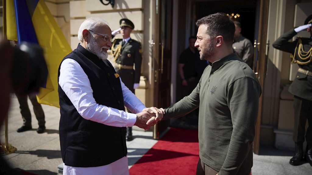 In this photo provided by the Ukrainian Presidential Press Office, shows Indian PM Narendra Modi, left, meeting with Ukrainian President Volodymyr Zelenskyy in Kyiv 28/08/2024