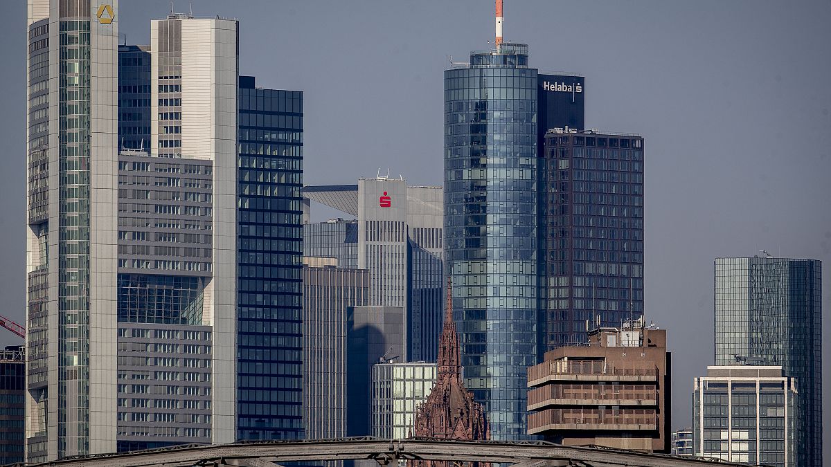 The buildings of the banking district are seenin Frankfurt, Germany, Monday, April 6, 2020.