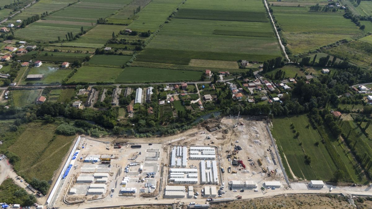 A migrant center is seen from above in Gjader, northwest Albania.