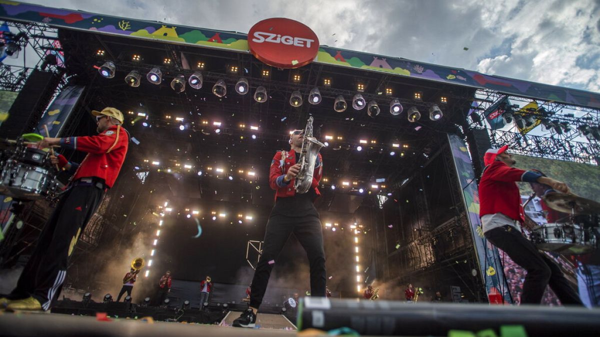 FILE - A band plays at Sziget Festival on Shipyard Island off Budapest, Hungary, Friday, August 12, 2022.