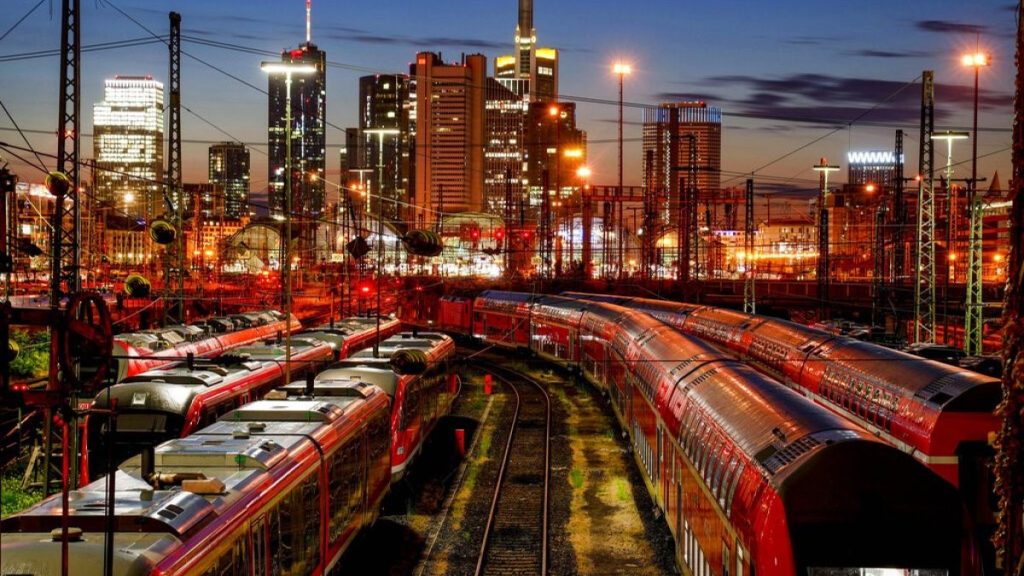 Trains are parked outside the central train station in Frankfurt, Germany, Wednesday, Aug. 11, 2021.