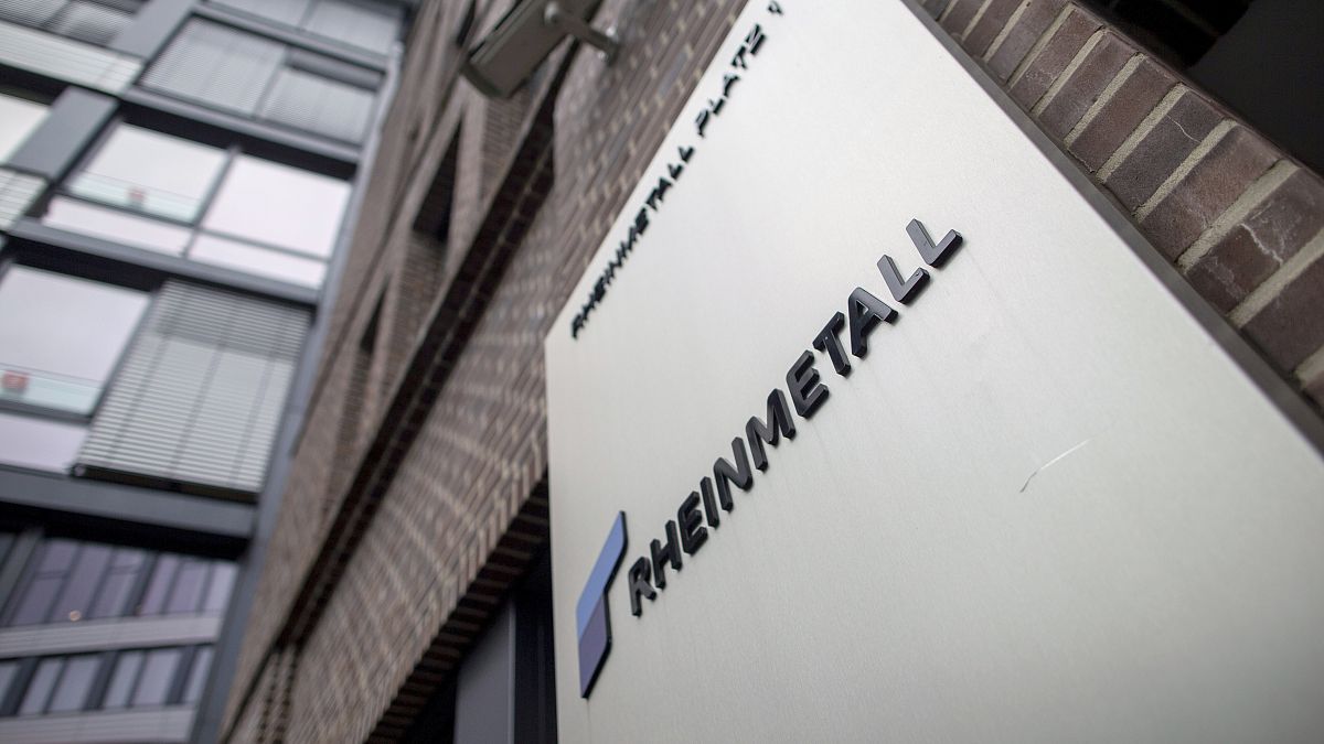 The Rheinmetall AG logo can be seen in front of the headquarters in Duesseldorf, Germany, on July 12, 2024. (Thomas Banneyer/dpa via AP, File)