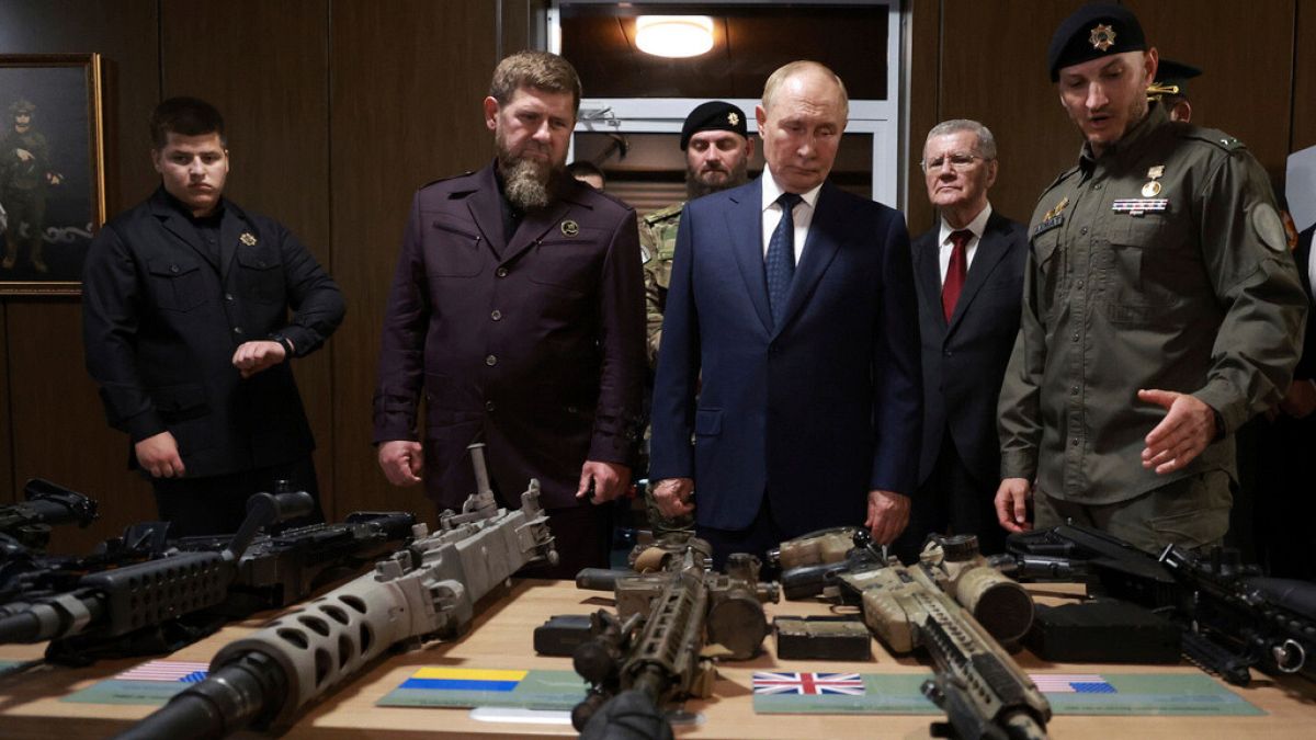 Russian President Vladimir Putin, accompanied by head of the Chechen Republic Ramzan Kadyrov inspects NATO military trophies captured in the battles in Ukraine, Aug. 2024.