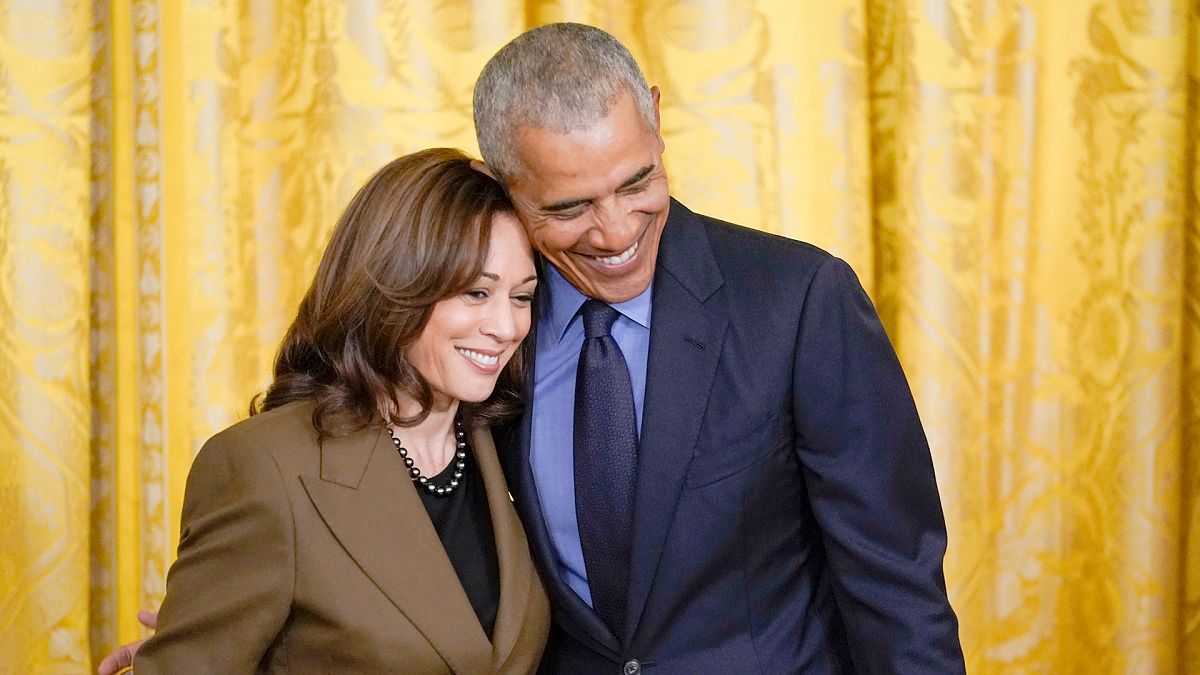 FILE: Former President Barack Obama hugs Vice President Kamala Harris during an event about the Affordable Care Act, at the White House in Washington, 5 April 2022