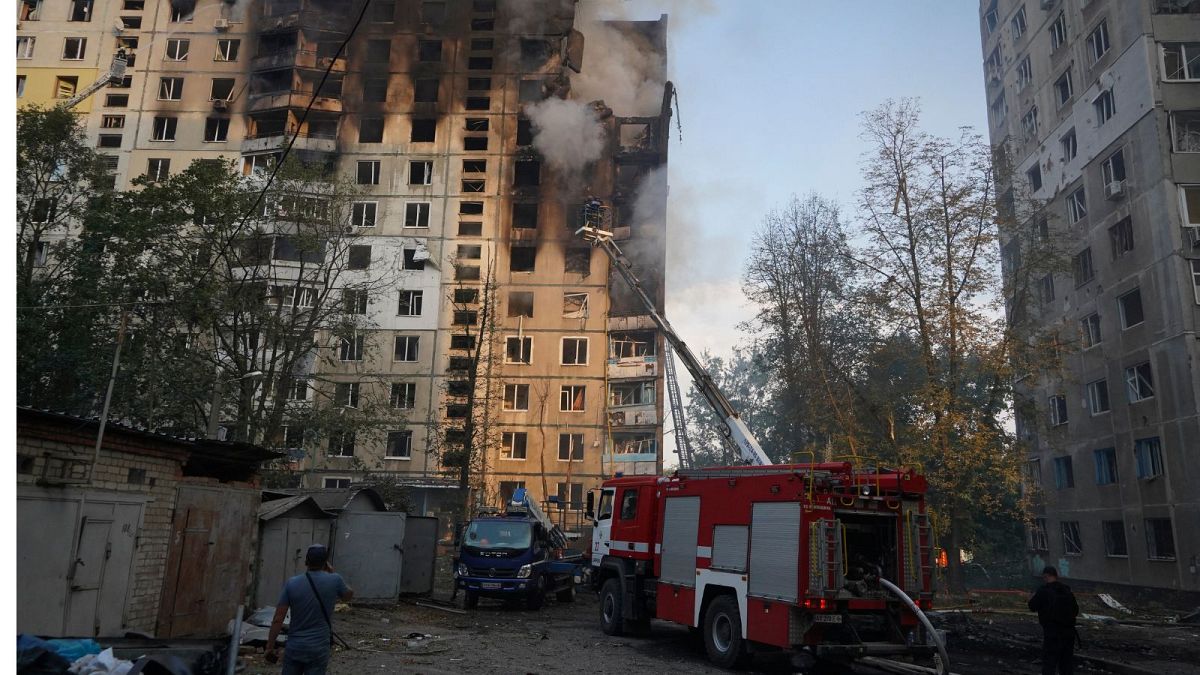 Firefighters put out the fire after the Russia