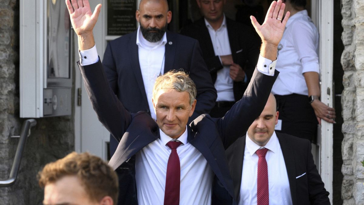 Björn Höcke, party and parliamentary group leader of the AfD in Thuringia and top candidate, leaves the AfD election party in Erfurt, Germany, Monday Sept. 2, 2024.