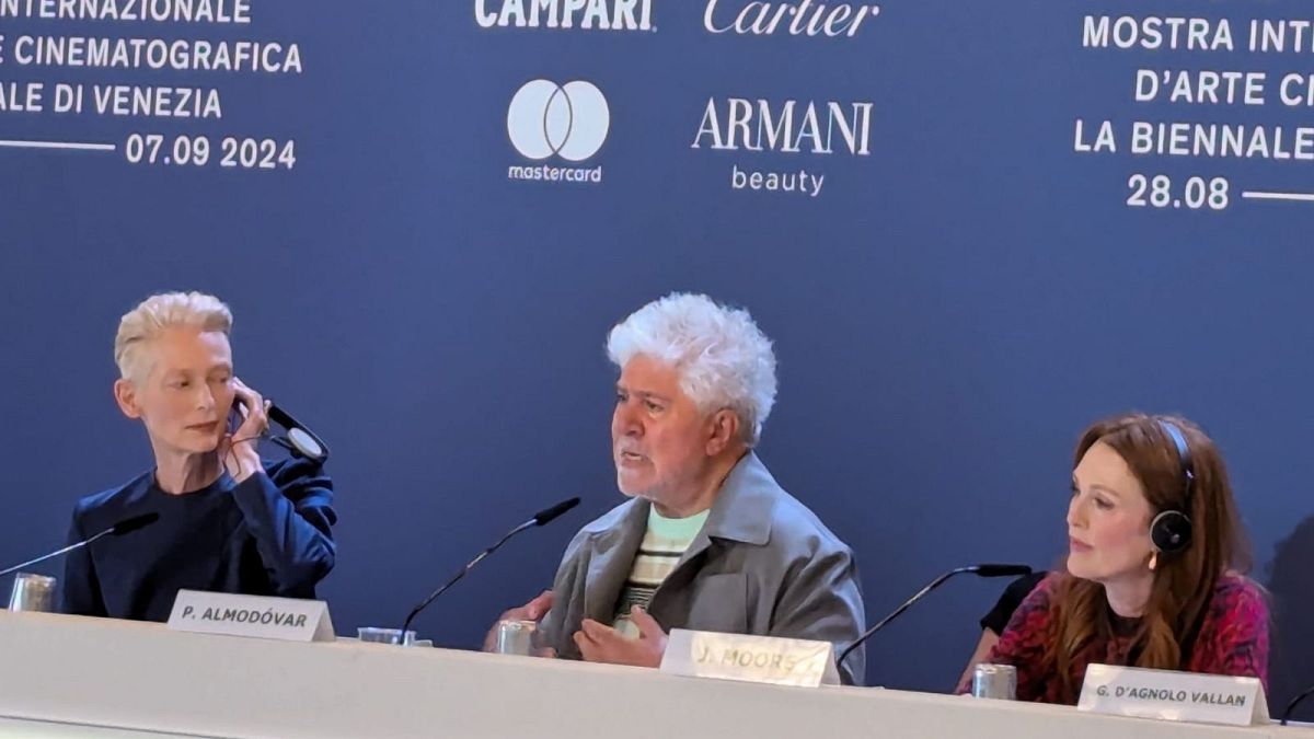 Spanish director Pedro Almodóvar is joined by Tilda Swinton and Julianne Moore at the press conference for his new film