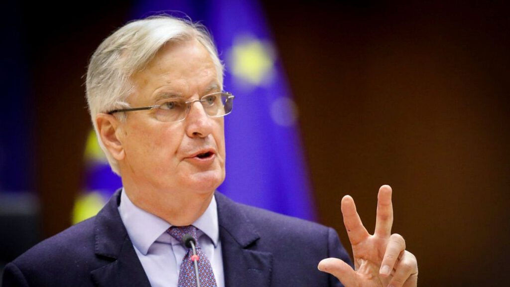 Michel Barnier speaks during a debate on the EU-UK trade and cooperation agreement at the European Parliament in Brussels, Tuesday, April 27, 2021.