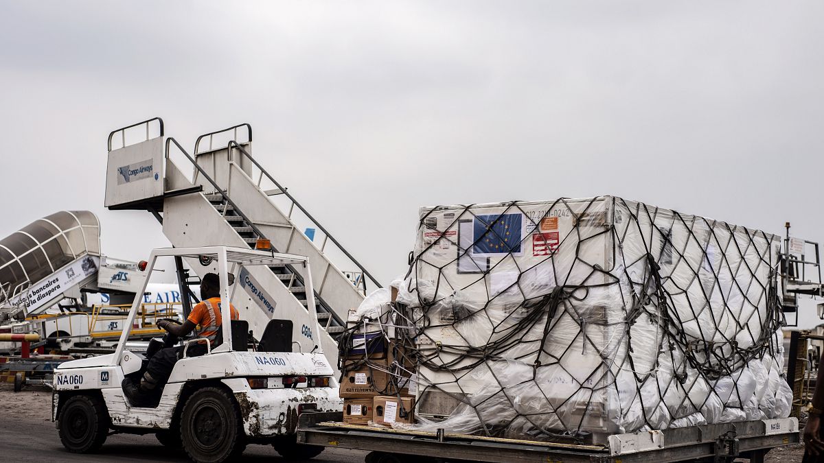 Mpox vaccines manufactured by the Danish company Bavarian Nordic are offloaded from a plane in Kinshasa, September 5, 2024