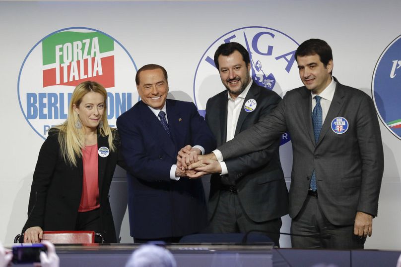 Frères de l'Italienne Giorgia Meloni, de Silvio Berlusconi de Forza Italia, de Matteo Salvini de la Lega et de Raffaele Fitto, leader de Nous avec l'Italie à Rome, le 1er mars 2018.